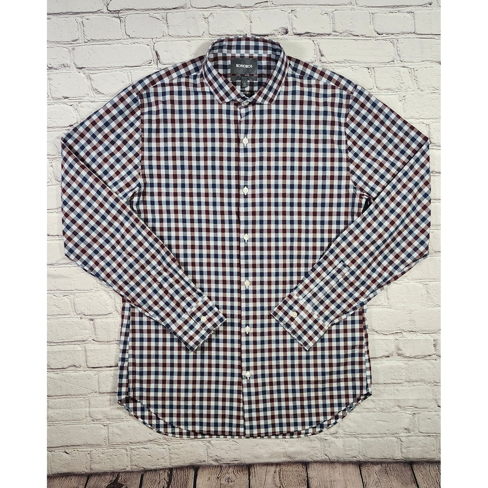 Bonobos Mens Slim Fit Gingham Button Down Shirt Blue Burgundy White Large Long